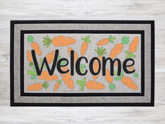 Mockup of an easter themed doormat that features the phrase "Welcome" over a background of carrots