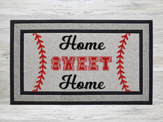 Mockup of a baseball themed doormat that features simulated baseball stitches on both sides of the doormat with the phrase "Home Sweet Home"