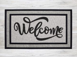 Mockup for a doormat that says "welcome" in a bold black font and a lot of emphatic flourish.