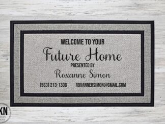 Mockup of a real estate agent themed doormat that is meant to welcome clients to an open house that reads, "welcome to your future home" and provides all the agent's contact details