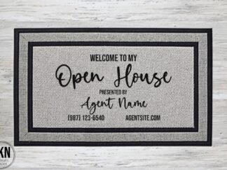 Mockup of a real estate agent themed doormat that is mean to welcome clients to an Open House and provides all the agent's contact details