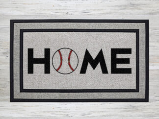 Mockup of a baseball themed doormat that says "Home" with a baseball in place of the letter "o"