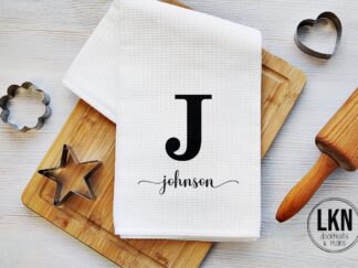 Personalized dish towel with monogram initial and last name