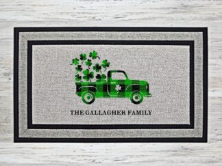 Personalized doormat with green plaid farm truck and shamrocks