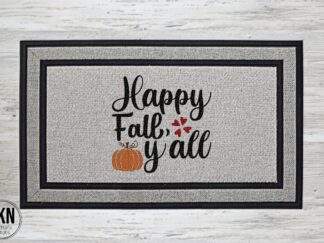 Mockup of a doormat that says "happy fall y'all" with a cute pumpkin