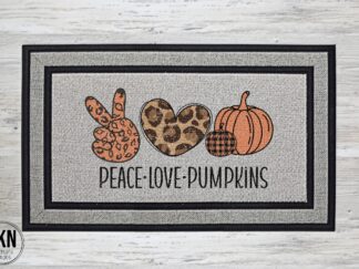 Mockup of doormat that says Peace Love Pumpkins with a hand in a peace sign, heart and two pumpkins