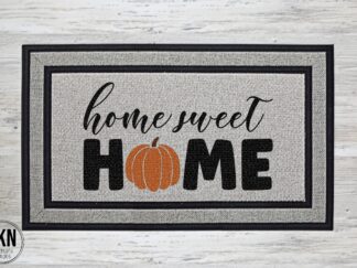 Mockup of a doormat that says "home sweet some" with a cute pumpkin replacing the "O" in the word home.