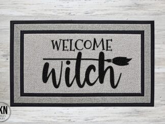Mockup of a Halloween themed doormat that says "Welcome Witch".