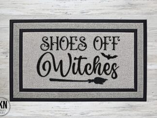 Mockup of a Halloween themed doormat that says "Shoes Off Witches".