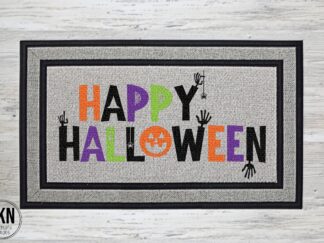Mockup of a Halloween themed doormat that says "Happy Halloween" in traditional Halloween colors of black, orange, purple and green.