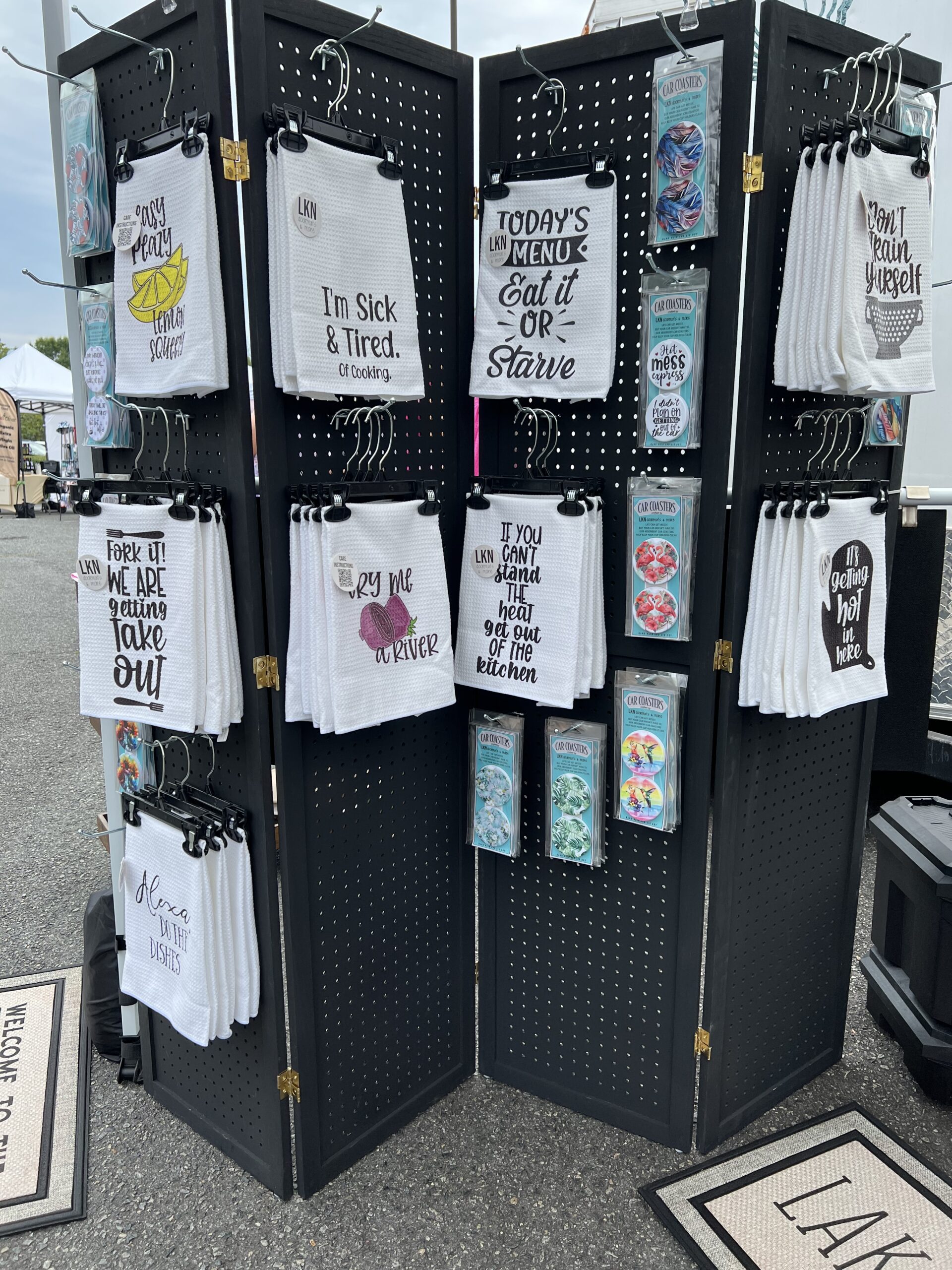 Our vendor setup at Sardis Marketplace, Charlotte NC on July 22nd 2023 - dish towels & car coasters