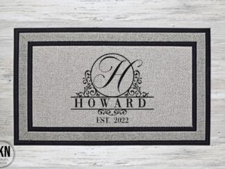 Mockup of a custom doormat featuring the first letter of your last name above your last name and the year that the family was established.