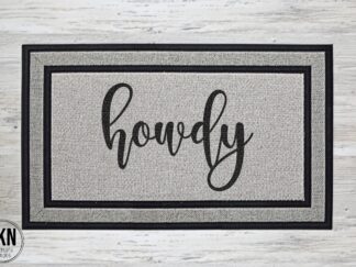 Mockup of a welcome doormat that says, "Howdy" in a bold handwritten font