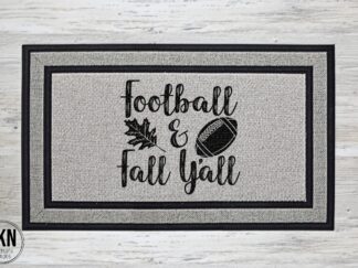 Mockup of a football themed doormat that reads, "Football & Fall Y'All" with an oak leaf & football between the words