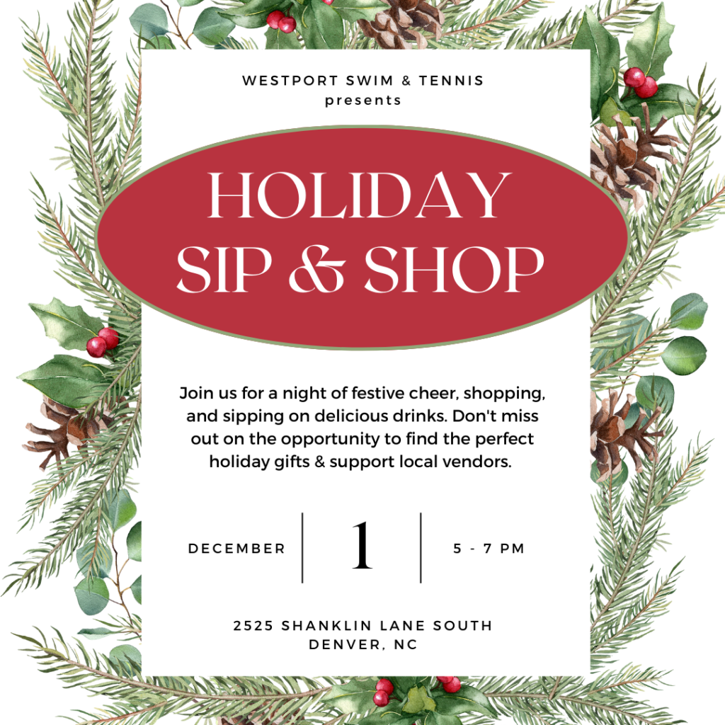 Infographic for Holiday Sip & Shop at Westport Swim & Tennis Club on Dec 1 from 5 to 7pm