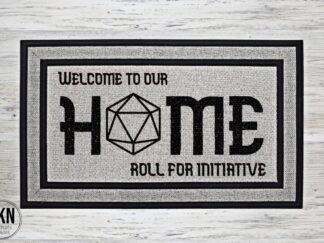 Custom DnD-themed doormat: 'Welcome to Our Home, Roll for Initiative.' Decorated with a D20 dice in the word 'home.' Perfect for tabletop gaming enthusiasts!