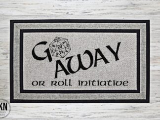 Witty DnD doormat: 'Go away or roll for initiative' with playful D20 dice design. Perfect geeky decor for fantasy enthusiasts!