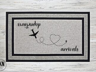 Mockup of a travel inspired doormat with arrivals and departures, plane route to destination pin. Welcome and farewell vibes in one stylish mat!