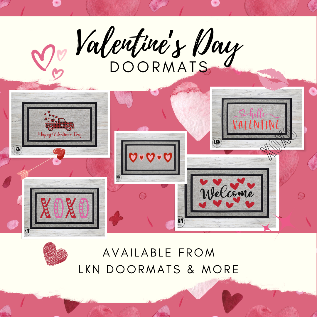 Collage of Valentine’s Day doormats from LKN doormats & more, featuring designs with hearts, XOXO, “hello valentine,” “welcome,” and “Happy Valentine’s Day” with a red truck.