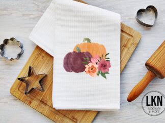 Fall dish towel with watercolor pumpkins and autumn flowers