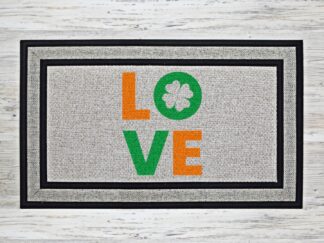 St. Patrick’s Day LOVE doormat with four-leaf clover design