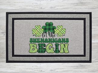 Let the Shenanigans Begin doormat with shamrock design