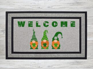 St. Patrick’s Day welcome doormat with three gnomes in green and orange