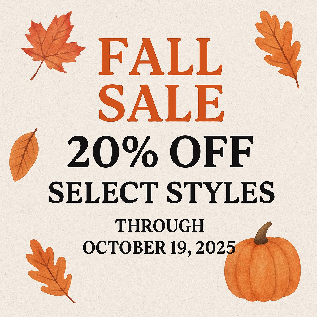 Fall sale graphic with autumn leaves and a pumpkin, text reads “Fall Sale – 20% Off Select Styles through October 19, 2025.”